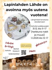 Vuoden viimeisiä päiviä viedään, ja Lapinlahden Lähde on auki vuoden jokaisena päivänä ✨

Kahvila tarjoilee taas herkkuruokaa, ja uudenvuodenaattona syömme nakkeja ja muusia! 😋

Aattona lämmitämme myös saunan, joten tervetuloa löylyihin! ❤️