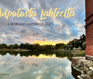 Aamuruskoa Lapinlahdessa merenrannassa, tiilirakennus ja ruskaisia puita.