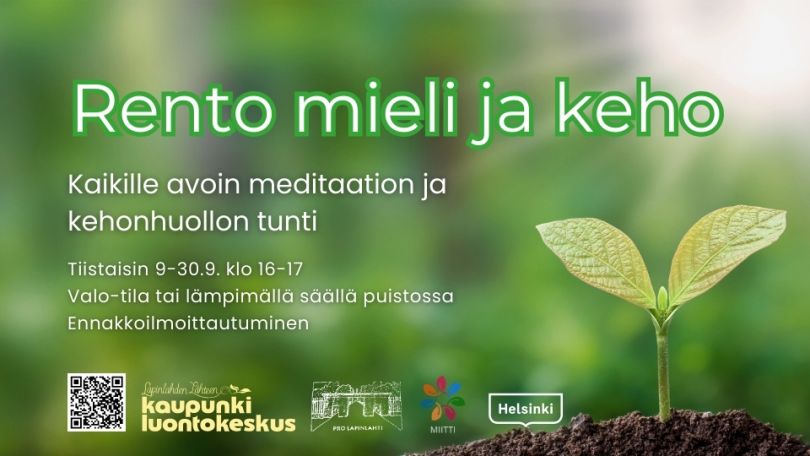 Rento mieli ja keho event cover picture for September 2025 with info and logos. Background is a sprout growing in nature