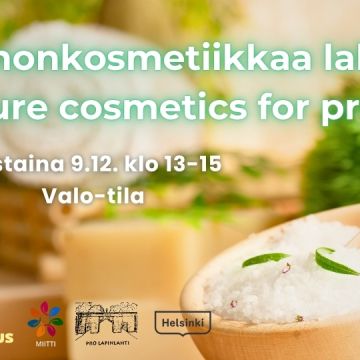 Luonnonkosmetiikkaa lahjaksi tapahtumakuva infon ja logojen kanssa. Taustakuvassa on kylpysuolaa purkissa kylpylämäisellä taustalla Luonnonkosmetiikkaa lahjaksi event cover picture with infos and logos. Background is a jar with bath salts, spa background