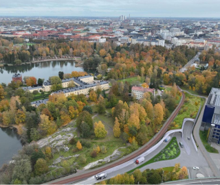 Havainnekuva satamatunnelin ja Länsibaanan sijoittumisesta Lapinlahden puistoon 2024.