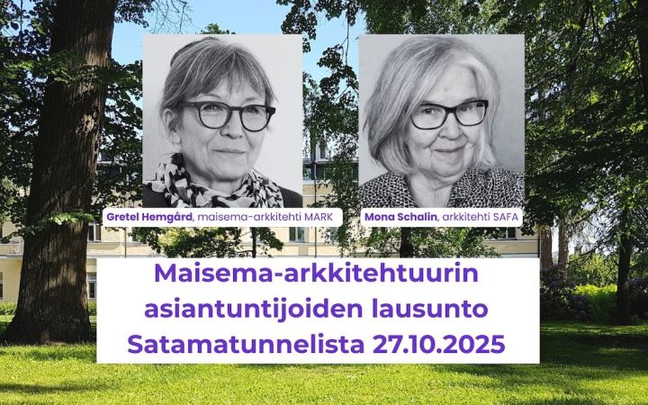 Kaksi naisen kuvaa ja puistoa sekä teksti Maisema-arkkitehtuurin asiantuntijoiden lausunto