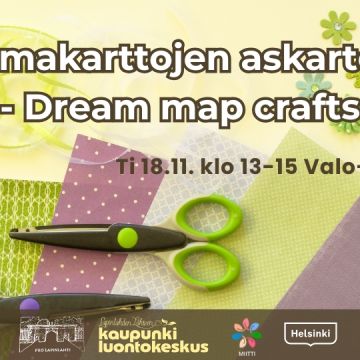 Unelmakarttojen askartelua - Dream map crafts event cover picture with infos and logos. Background is colorful cardboards and other materials with two scissors on top