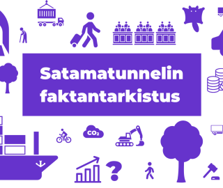 Satamatunnelin faktantarkastus -kansi, laiva, puita, ihmisiä, muita elementtejä