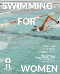 SWIMMING FOR WOMEN

Come and enjoy just being in the water, or learn or improve your swimming skills together with the swimming instructor.
No former skills necessary!
Sauna is available.

IMPORTANT: Participation is free, but spots are limited! Make sure to reserve yours through Meetup (link in bio)!

WHEN & WHERE:
Four Tuesdays in November, starting 4/11, at 19.00-20.00 (Remember to register to each one individually )

We will meet at the main doors of
Metropolia Pool,
Myllypuro Campus at 6.30pm.
Myllypurontie 1
00920 Helsinki
____________

UINTIA NAISILLE
Tule nauttimaan vain vedessä olemisesta tai opettele tai paranna uimataitojasi yhdessä uimaopettajan kanssa.
Aiempaa osaamista ei tarvita!
Sauna on käytettävissä.

TÄRKEÄÄ: Osallistuminen on ilmaista, mutta paikkoja on rajoitetusti! Muista varata paikkasi!

MILLOIN JA MISSÄ:
Neljänä tiistaina marraskuussa, alkaen 11.4., klo 19.00-20.00 (Muista ilmoittautua jokaiseen erikseen)

Tapaamme pääovilla Metropolian uima-allas, Myllypuron kampus, klo 18.30.
Myllypurontie 1
00920 Helsinki