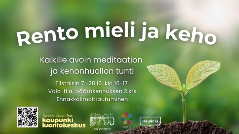 Rento mieli ja keho october event cover, info and logos. Background is a sprout growing in green background and light