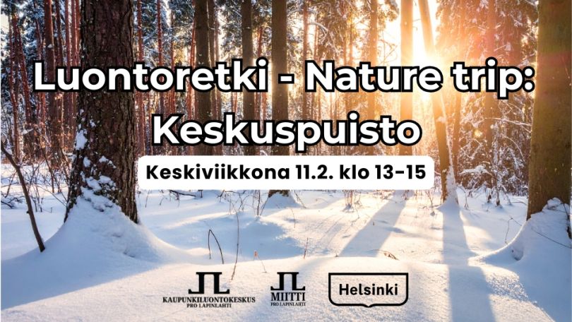 Luontoretki Nature trip Keskuspuisto tapahtuman aika ja logot. Taustakuva on Helsingin keskuspuistosta luminen maisema jossa puita ja aurinkoa