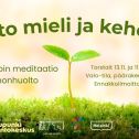 Rento mieli ja keho 2h event cover picture with infos and logos. Background is a sprout growing from moss with yellow light background