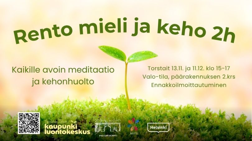 Rento mieli ja keho 2h event cover picture with infos and logos. Background is a sprout growing from moss with yellow light background