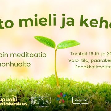 Rento mieli ja keho2h event picture with info and logos. Background is a sprout growing from moss in yellow background