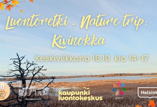 Luontoretki - Nature trip: Kivinokka event info and logos. Background is Ilona Rautiainen's photo of Kivinokka bird watching site, showing wide scenery of Vanhakaupunginlahti, water and reeds
