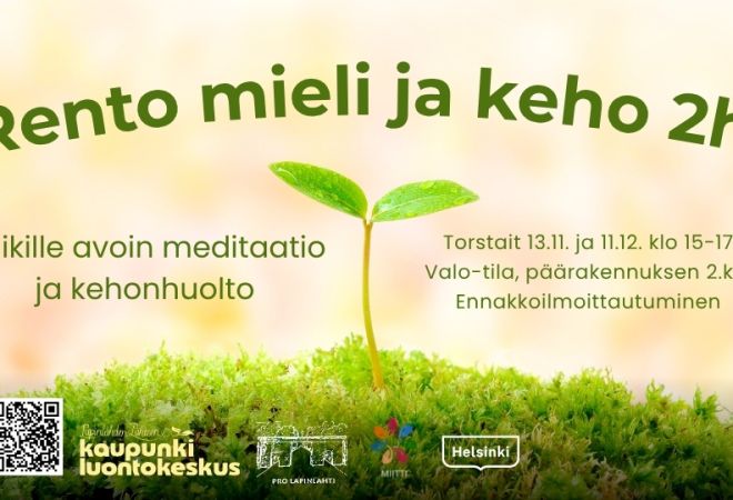 Rento mieli ja keho 2h event cover picture with infos and logos. Background is a sprout growing from moss with yellow light background