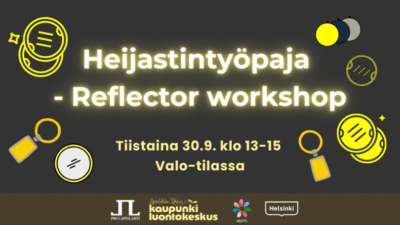 Heijastintyöpaja - Reflector workshop event info and logos. Background is blackish color with some reflective ornament graphics in yellow