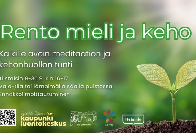 Rento mieli ja keho event cover picture for September 2025 with info and logos. Background is a sprout growing in nature