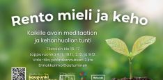 Rento mieli ja keho cover picture for November and December. Infos and logos, background is a plant sprout rising from dirt, green light background