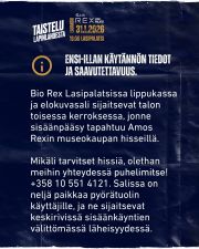 ℹ️ Hei kaikki! tässä on käytännön tietoa huomisen ensi-illan saavutettavuudesta:

Bio Rex Lasipalatsissa lippukassa ja elokuvasali sijaitsevat talon toisessa kerroksessa, jonne sisäänpääsy tapahtuu Amos Rexin museokaupan hisseillä. 

Mikäli tarvitset hissiä, olethan meihin yhteydessä puhelimitse! +358 10 551 4121. Salissa on neljä paikkaa pyörätuolin käyttäjille, ja ne sijaitsevat keskirivissä sisäänkäyntien välittömässä läheisyydessä.