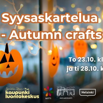 Syysaskartelua - Autumn crafts event picture with infos and logos. Background is orange cardboard pumpkin decorations hanging on a window with lights