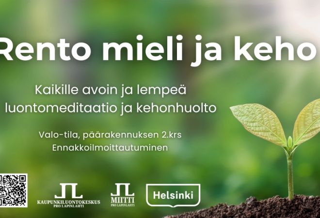 Rento mieli ja keho tapahtumien kansikuva vuodelle 2026. Kuvassa tapahtumatiedot ja uudet logot, ei päivämääriä. Taustakuvana mullasta nouseva taimi vihreällä taustalla ja auringonvalolla
