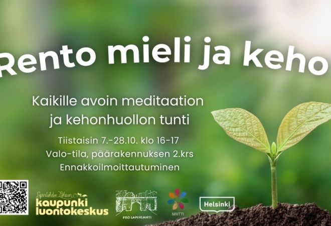 Rento mieli ja keho october event cover, info and logos. Background is a sprout growing in green background and light