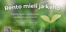 Rento mieli ja keho october event cover, info and logos. Background is a sprout growing in green background and light
