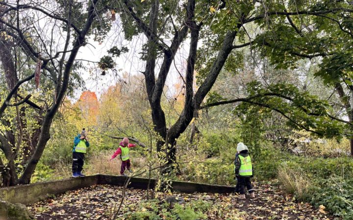 Lapsia keltaiset liivit päällä luonnossa liikkumassa.