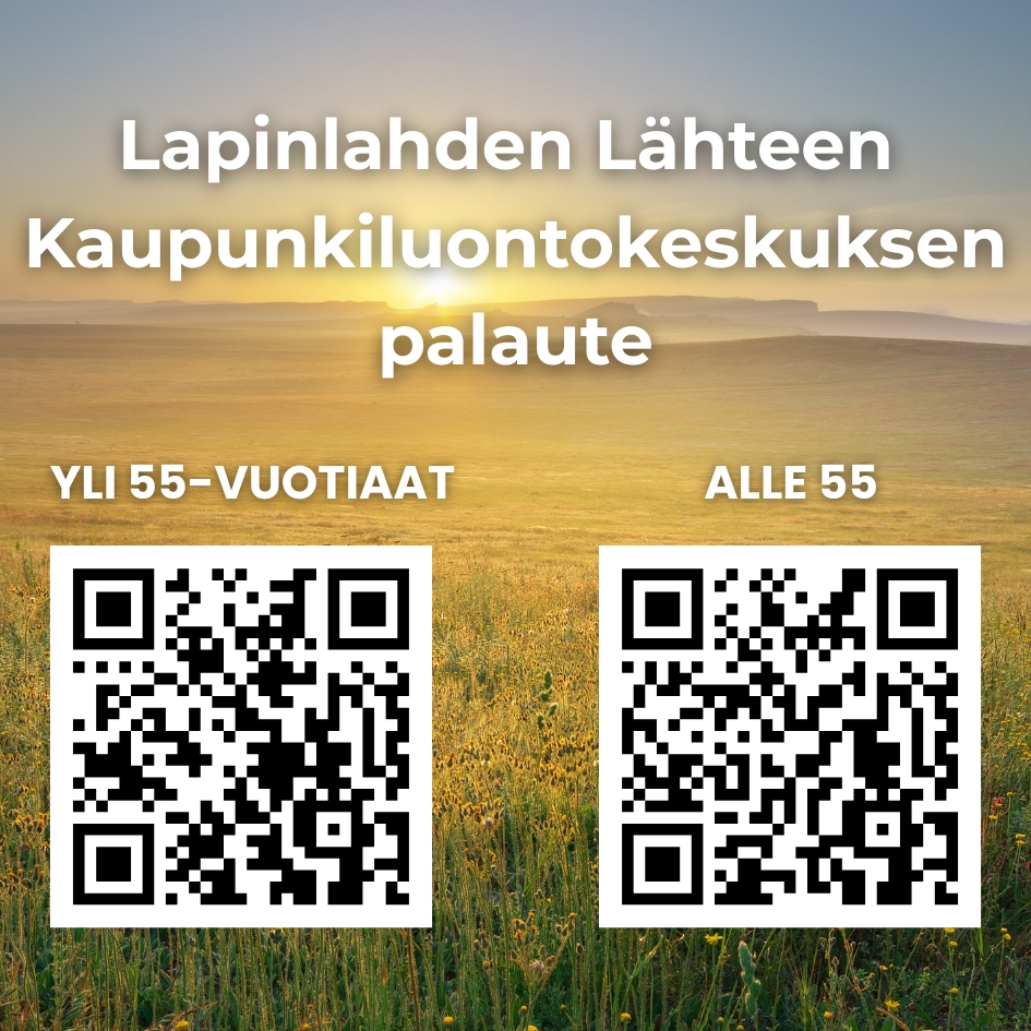 Kaupunkiluontokeskus palautelomakkeiden QR koodit, vasemmalla yli 55 vuotiaat ja oikealla alle 55 vuotiaille koodit