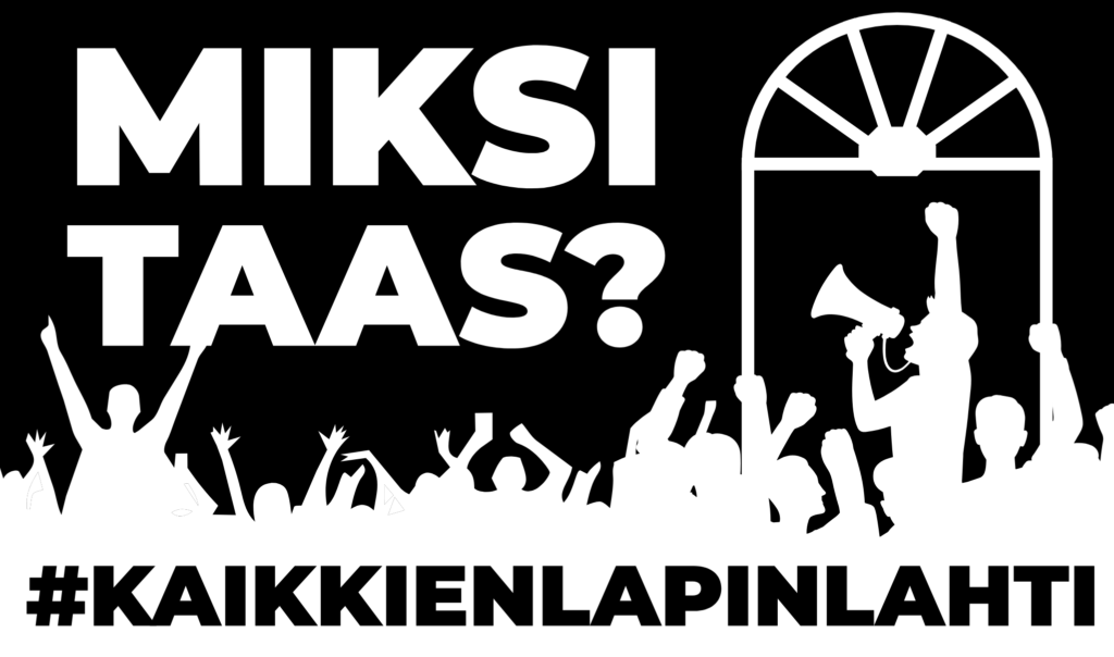 Kuvassa teksti MIKSI TAAS? ja joukko hahmoja megafonin kanssa Engel-tyylisen ikkunan alla.