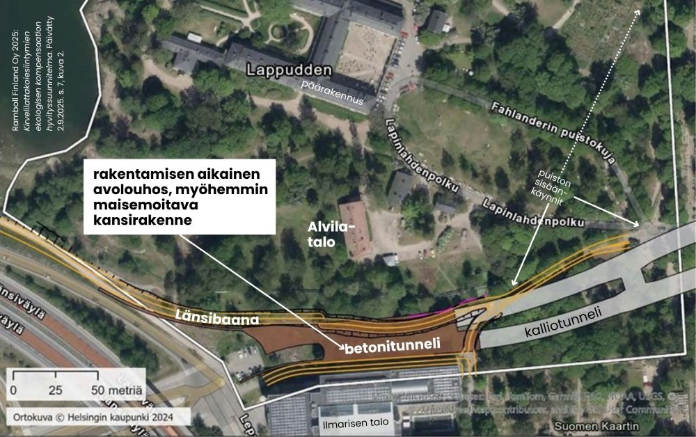 Kalliotunneli nousee ylös Ilmarisen talon koilliskulmassa, josta alkaa talon pohjoispuolelle sijoittuva betonitunneli. Betonitunneli on rakentamisen aikana avolouhos ja myöhemmin siihen tulee kansirakenne joka maisemoidaan matalalla kasvillisuudella. Tunnelilinjauksen pohjoispuolella, osittain betonitunnelin päällä sijaitsee jalankulku- ja pyöräreitti Länsibaana. Kartasta näkyy, että avolouhos on vain 30 metrin päässä mielenterveyskuntoutujien kodista, Alvila-talosta.