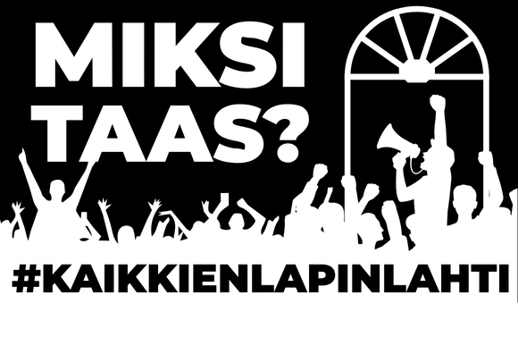 Kuvassa teksti MIKSI TAAS? ja joukko hahmoja megafonin kanssa Engel-tyylisen ikkunan alla.