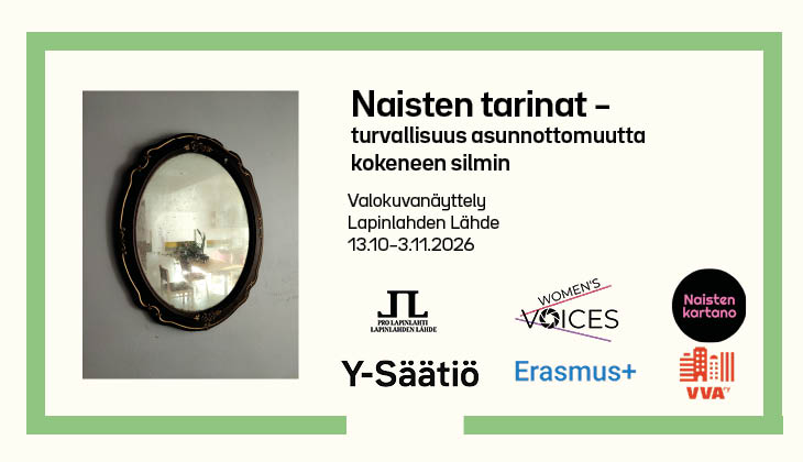 Kuva on Naisten tarinat -näyttelyn mainoskuva, jossa on tietoa näyttelystä ja kuva teoksesta.
