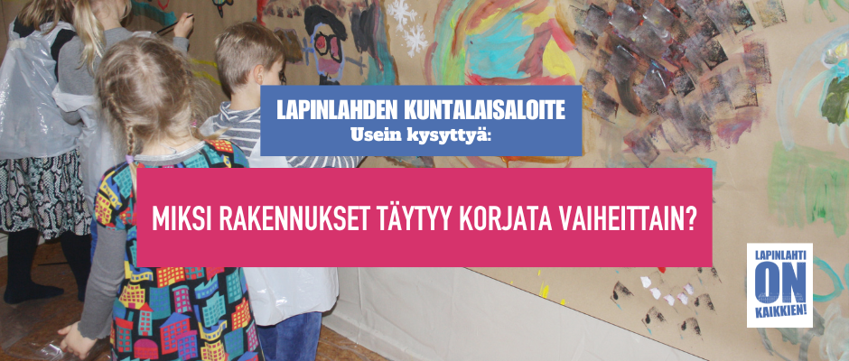 Edessä tekstiä, takana kuva lapsista piirtämässä isolle paperille seinällä