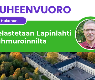 Rakennus ruskan keskellä ja miehen kasvot.