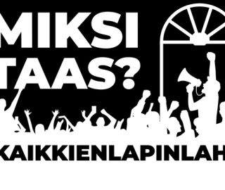 Kuvassa teksti MIKSI TAAS? ja joukko hahmoja megafonin kanssa Engel-tyylisen ikkunan alla.