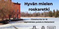 Hyvän mielen roskaretki tapahtumakuva jossa logot ja tapahtuma-aika ja paikka. Taustakuva on Venetsiatalon edustalta talvinen Lapinlahti ja Hietaniemi toisella rannalla, kuva Jukka Leppikangas