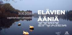Kuva Elävien äänien mainoskuva, jossa on Lapinlahti sumuisena päivänä ja tekstiä tapahtumasta.
