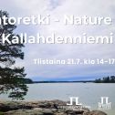 Luontoretki nature trip Kallahdenniemi aika ja logot. Taustakuva Kallahdenniemen kärjestä jossa mänty, kalliota ja laaja maisema merelle hieman pilvisellä säällä