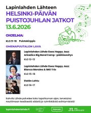 (FIN/ENG) Tervetuloa jatkamaan Helsinki-päivän puistojuhlien hulinaa kulttuurihistoriallisessa Lapinlahdessa lauantaina 13.6.2026.

OHJELMA:

Klo 11–16 Puistokirppis

Omenapuutalo:

Klo 12–13 Lapinlahden Lähde Goes Happy Jazz: Arkadics Big Band Camp -päätösesitys
Lapinlahden Lähde Goes Happy Jazz -festivaalilla juhlistamme jazzmusiikin saapumista Suomeen 100 vuotta sitten!

Klo 15–16 Lapinlahden Lähde Goes Happy Jazz: Bianca Morales & IMO Trio

Klo 16-17 Etelän Lohtu
Yhtyeen historia ulottuu 80-luvun loppupuolelle, jolloin bändin musiikki koostui pääosin Rhythm & Blues -biiseistä sekä omista että lainakappaleista. Kokoonpano on muuntunut vuosien myötä, ja nykyinen soittajisto koostuu viidestä henkilöstä.
Biisit ovat pääosin covereita, kuitenkaan kangistumatta toistamaan alkuperäisiä versioita yksi yhteen. Etelän lohtu ammentaa soitantoaan muun muassa pop- ja soul-covereista.

Kahvila Lähde palvelee koko tapahtuman ajan, tervetuloa nauttimaan kesäisestä säästä ja rytmikkäistä esiintymisistä!

Päärakennuksessa pääset nauttimaan useammasta eri näyttelystä Kahvila Lähteellä, Käytävägalleriassa, Galleria Välitilassa, Osasto5:ssa ja Aleksis Kiven käytävän galleriassa.

--

Welcome to continue the festive spirit of Helsinki Day’s park celebrations at the culturally historic Lapinlahti on Saturday 13 June 2026.

Programme:
11.00–16.00 Park Flea Market
12.00–13.00 Lapinlahden Lähde Goes Happy Jazz: Arkadics Big Band Camp Final Performance
15.00–16.00 Lapinlahden Lähde Goes Happy Jazz: Bianca Morales & IMO Trio
16.00–17.00 Etelän Lohtu

Café Lähde will be serving throughout the event — come and enjoy the summer weather and rhythmic performances! In the main building, you can explore several exhibitions at Café Lähde, the Corridor Gallery, Gallery Välitila, Osasto5, and the Aleksis Kivi Corridor Gallery.