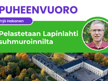 Rakennus ruskan keskellä ja miehen kasvot.