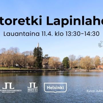 Puistoretki Lapinlahdessa tapahtumakuva jossa aikataulu ja logot. Maisema Lapinlahden puistosta rantareitiltä jossa näkyy Venetsiatalo puistoa ja Lapinlahtea