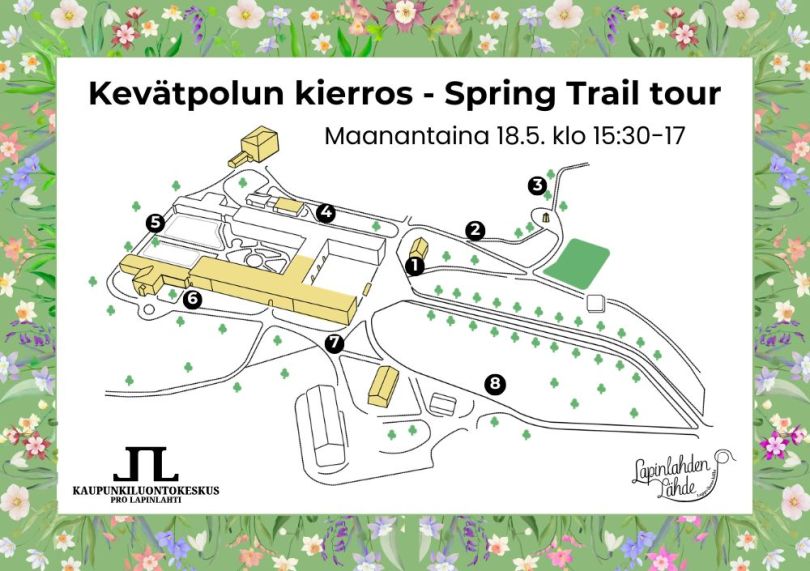 Kevätpolku 2026 kartta ja muokattu tekstiksi kevätpolun kierros spring trail tour ja ajankohta maanantai 18.5. kello 15:30-17