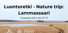Luontoretki nature trip Lammassaari tapahtuman kuva jossa logot ja aika. Taustakuvassa keväinen maisema vanhankaupunginlahdelta järviruokoa ja lammassaari