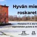 Hyvän mielen roskaretki tapahtumakuva jossa logot ja tapahtuma-aika ja paikka. Taustakuva on Venetsiatalon edustalta talvinen Lapinlahti ja Hietaniemi toisella rannalla, kuva Jukka Leppikangas