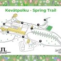 Kevätpolku spring trail kartta lapinlahden puistosta ja kahdeksan polun rastia ympäri puistoa. Lisäksi järjestäjien logot ja vihreä kehys jossa kukkasia