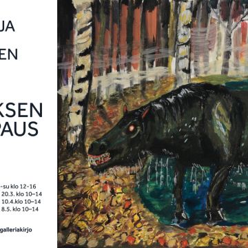 Taidenäyttelyn tiedot ja kuva jossa musta eläin metsässä.