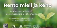 Rento mieli ja keho kansikuva jossa infot ja logot. Taustakuva on vihreä taimi mullassa vihreällä taustalla ja auringonvaloa