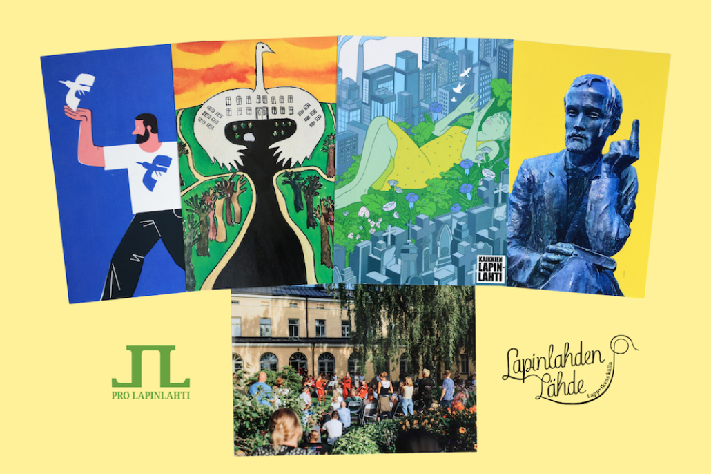 Viisi värikästä postikorttia Lapinlahti-teemalla keltaisella pohjalla.