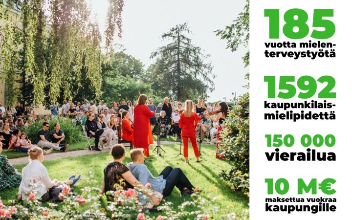 Joukko ihmisiä on kokoontunut aurinkoiseen puutarhaan kuuntelemaan viulutrion konserttia.