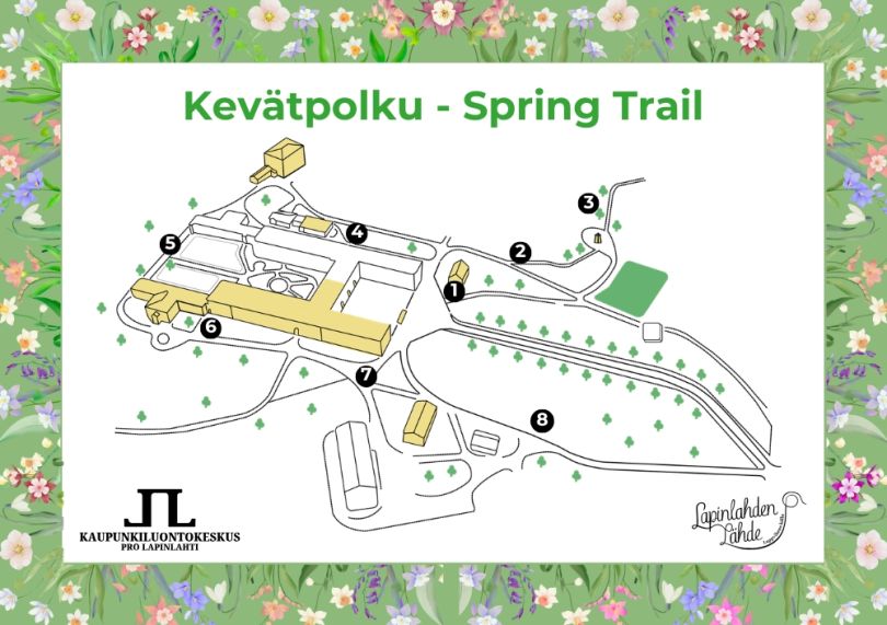 Kevätpolku spring trail kartta lapinlahden puistosta ja kahdeksan polun rastia ympäri puistoa. Lisäksi järjestäjien logot ja vihreä kehys jossa kukkasia