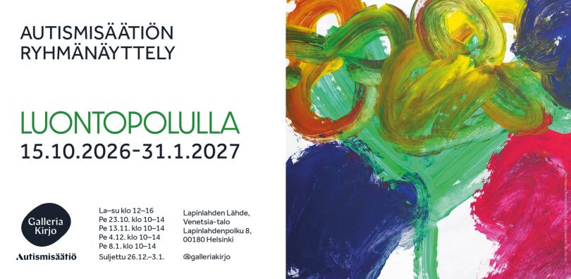 Kuva on Luontopolulla-näyttelyn mainoskuva, jossa on tietoa näyttelystä ja kuva teoksesta.