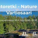 Luontoretki nature trip Vartiosaari info ja logot. Taustakuva on Vartiosaaresta Vartiokalliolta josta näkee kauas merelle